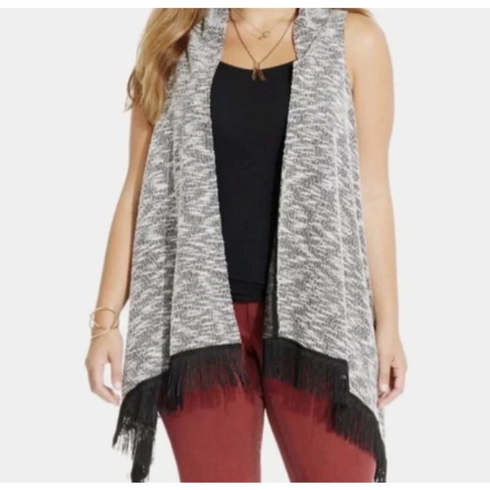 Jessica Simpson Oversized‎ Knit Fringe Vest Speckled Black/White Womens Size S